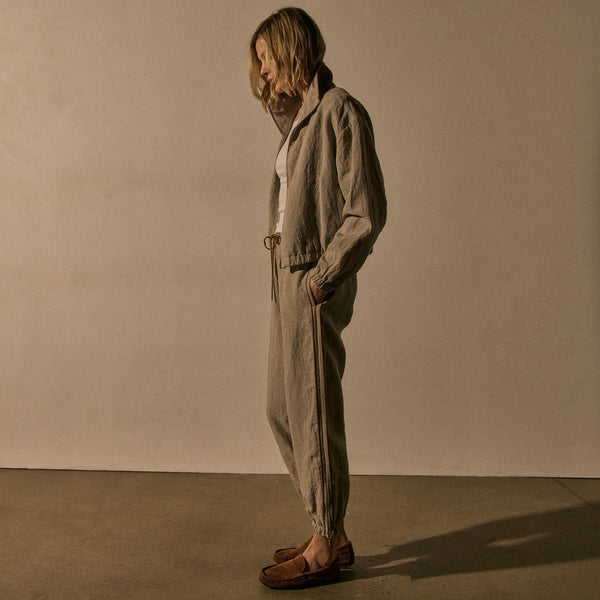 Linen Track Jacket With Suede in Natural/Tabacco | James Perse Los Angeles