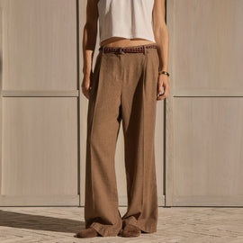 Linen Twill Pleated Wide Leg Trouser - Fleck Brown | James Perse Los Angeles
