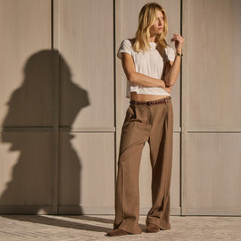 Linen Twill Pleated Wide Leg Trouser - Fleck Brown | James Perse Los Angeles