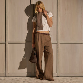 Linen Twill Pleated Wide Leg Trouser - Fleck Brown | James Perse Los Angeles