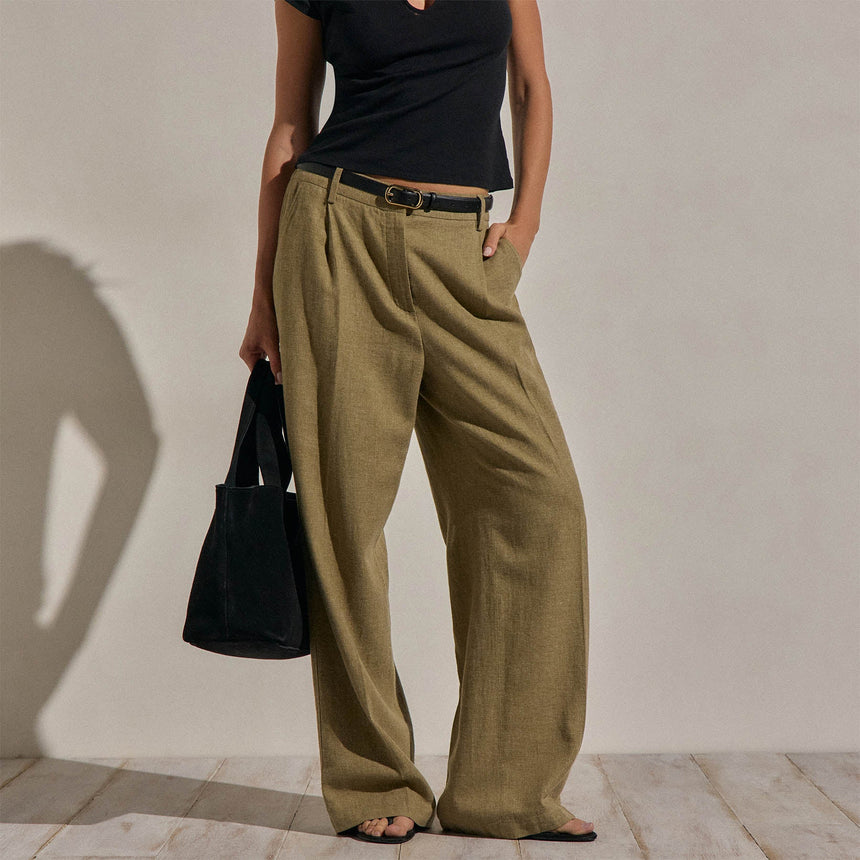 Linen Twill Pleated Wide Leg Trouser in Fleck Green | James Perse Los Angeles