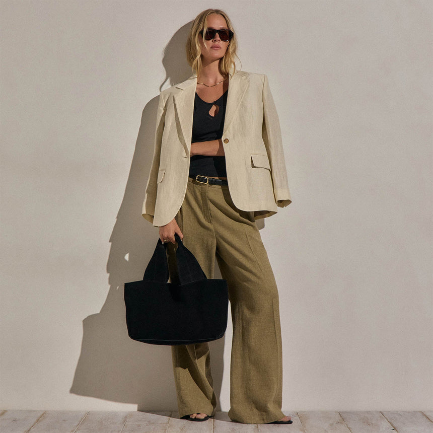 Linen Twill Pleated Wide Leg Trouser in Fleck Green | James Perse Los Angeles