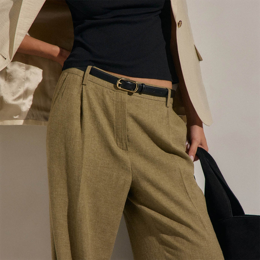 Linen Twill Pleated Wide Leg Trouser in Fleck Green | James Perse Los Angeles