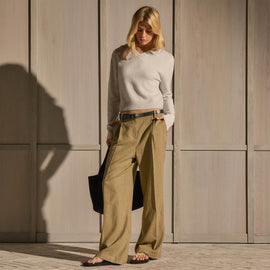Linen Twill Pleated Wide Leg Trouser - Fleck Green