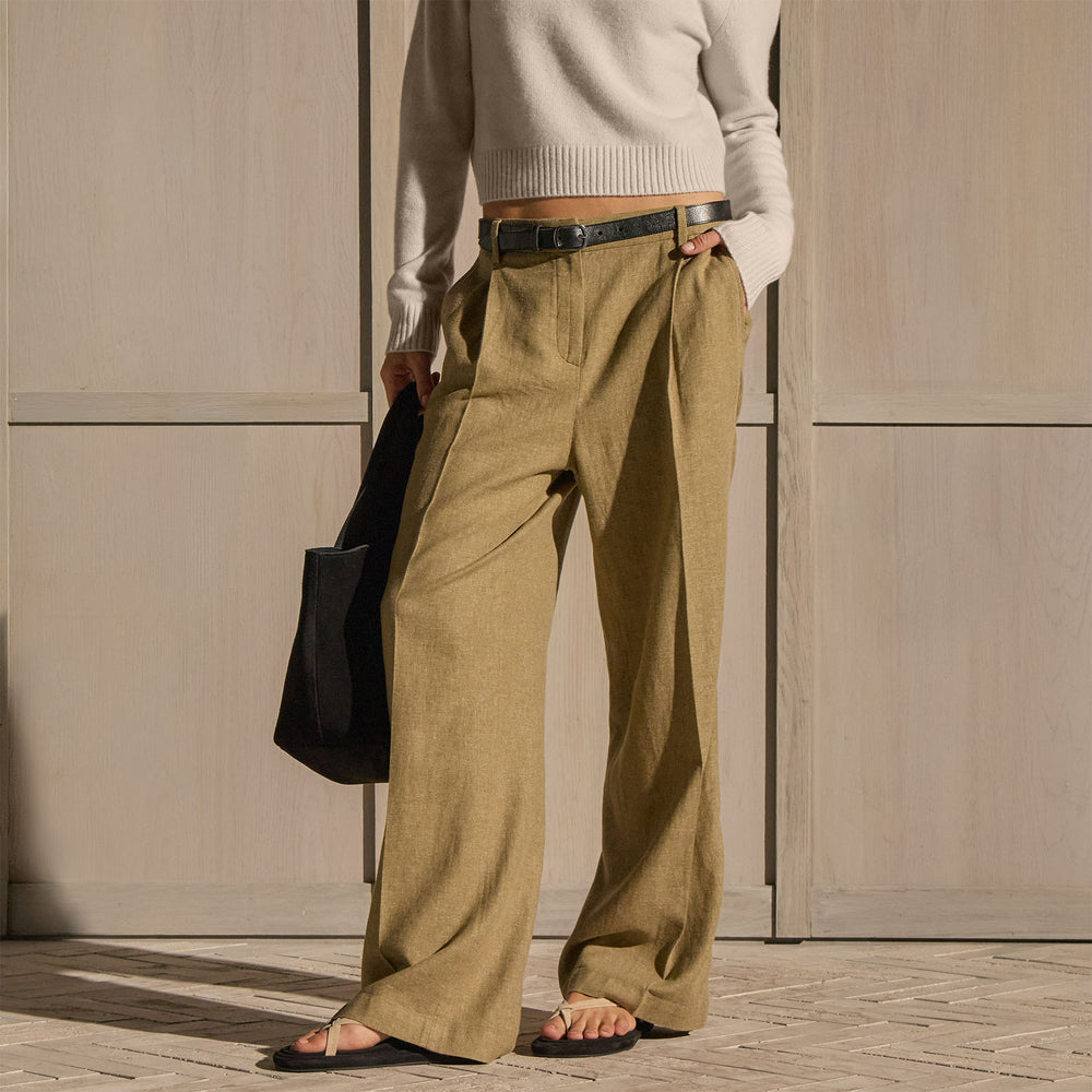Linen Twill Pleated Wide Leg Trouser - Fleck Green