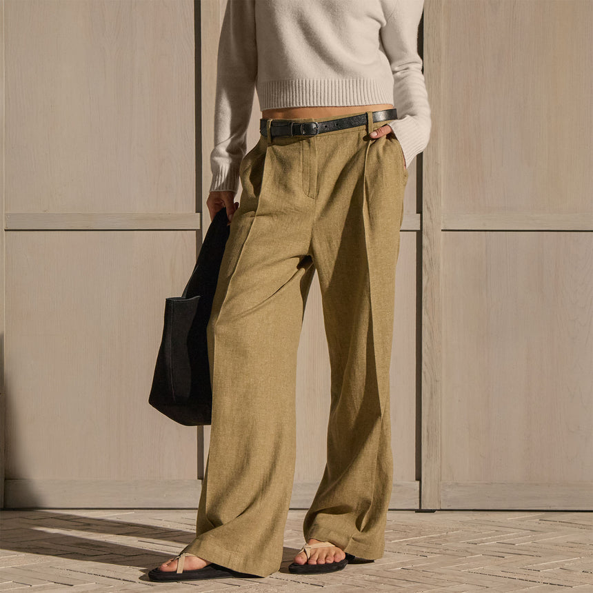 Linen Twill Pleated Wide Leg Trouser - Fleck Green