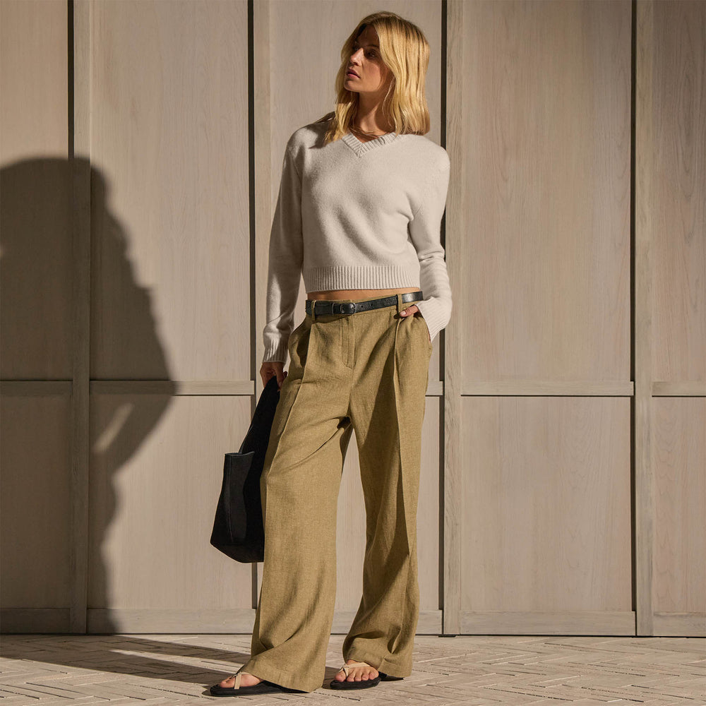 Linen Twill Pleated Wide Leg Trouser - Fleck Green