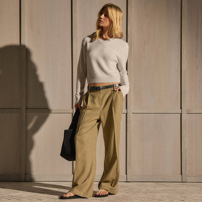 Linen Twill Pleated Wide Leg Trouser - Fleck Green