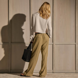 Linen Twill Pleated Wide Leg Trouser - Fleck Green