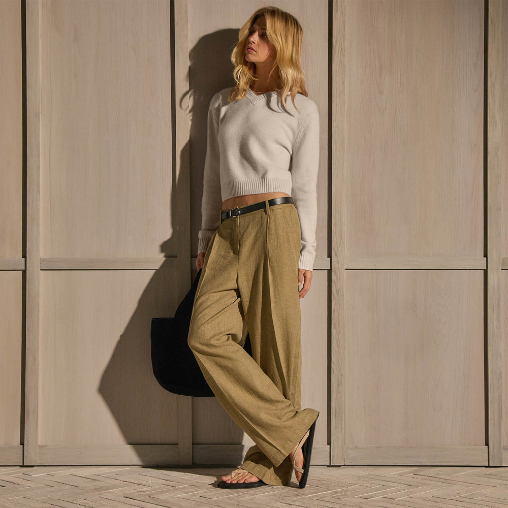 Linen Twill Pleated Wide Leg Trouser - Fleck Green