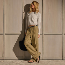 Linen Twill Pleated Wide Leg Trouser - Fleck Green