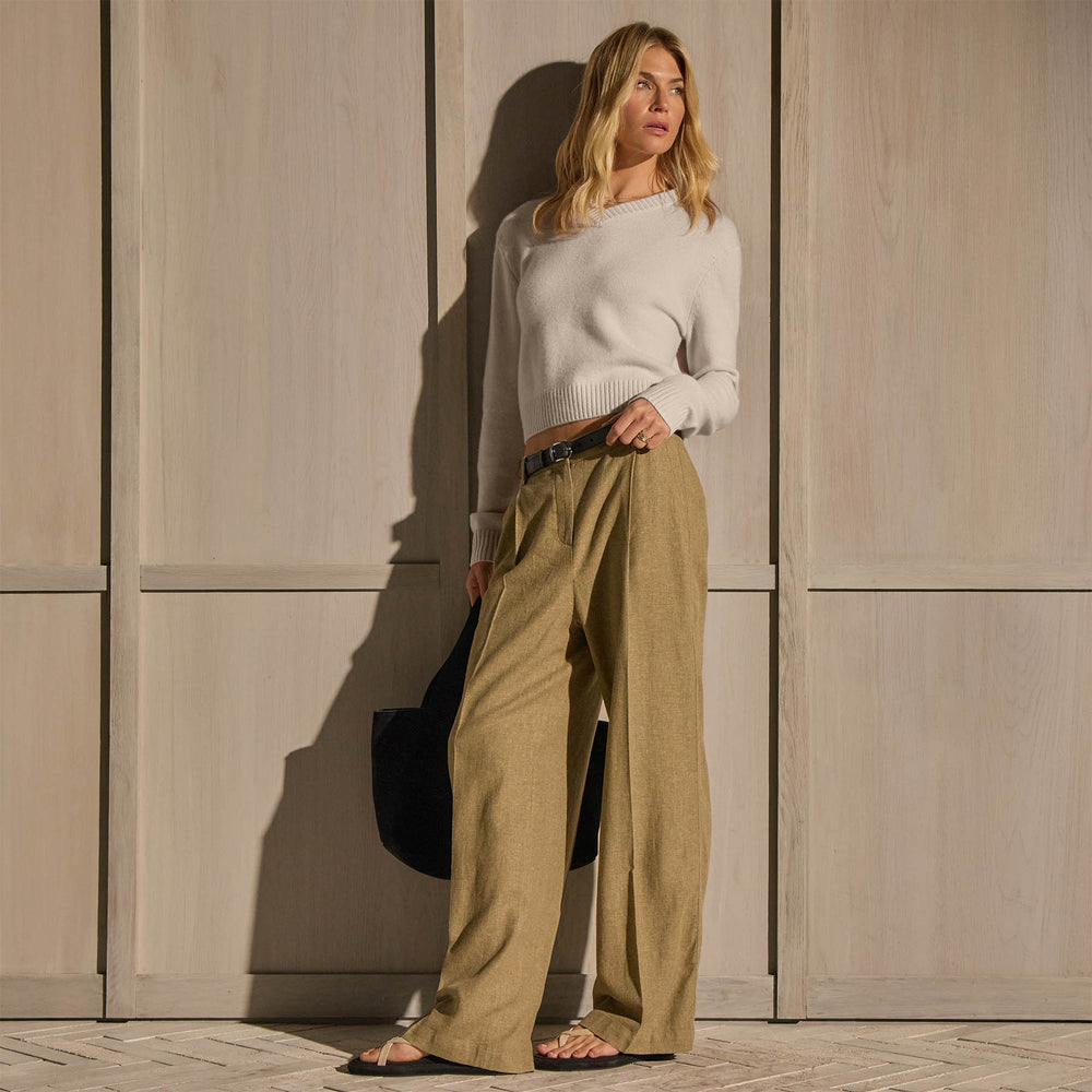 Linen Twill Pleated Wide Leg Trouser - Fleck Green