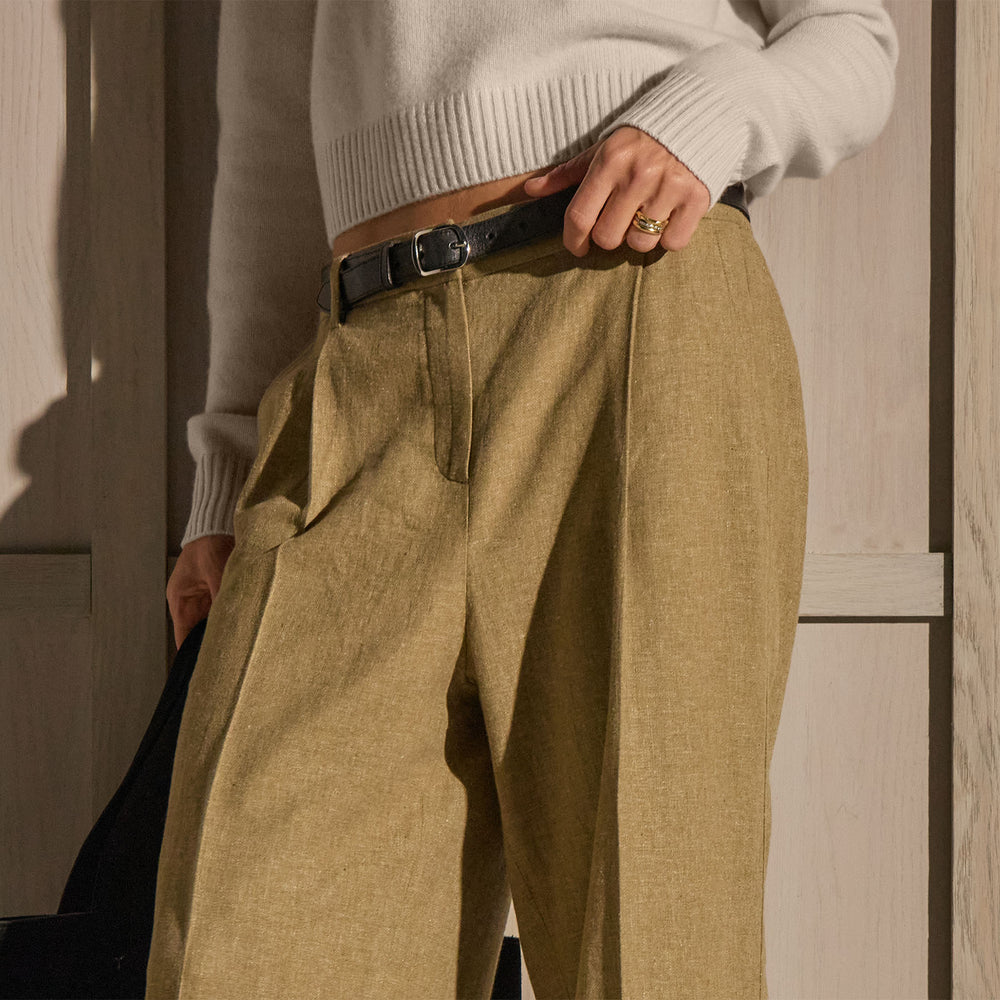 Linen Twill Pleated Wide Leg Trouser - Fleck Green