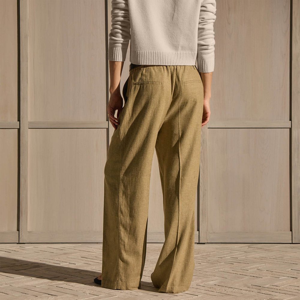 Linen Twill Pleated Wide Leg Trouser - Fleck Green
