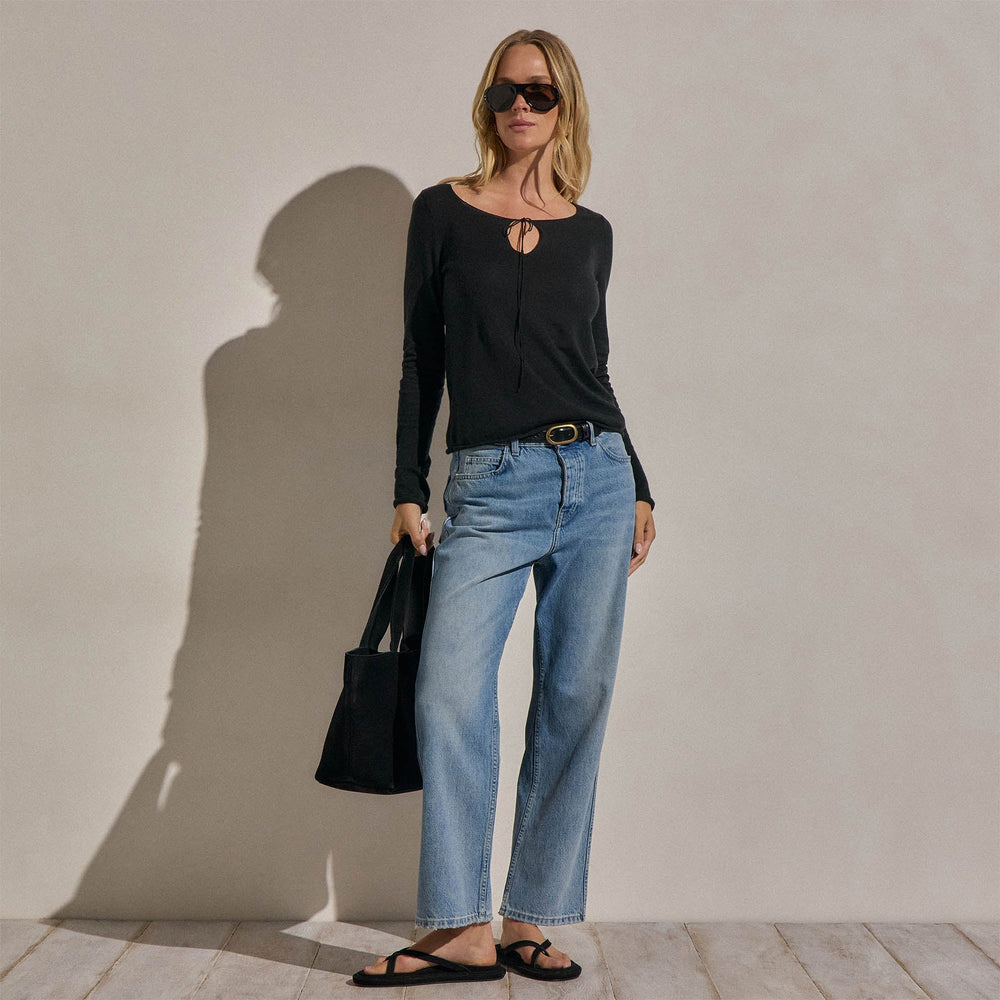 Linen Cotton Keyhole Sweater in Black | James Perse Los Angeles