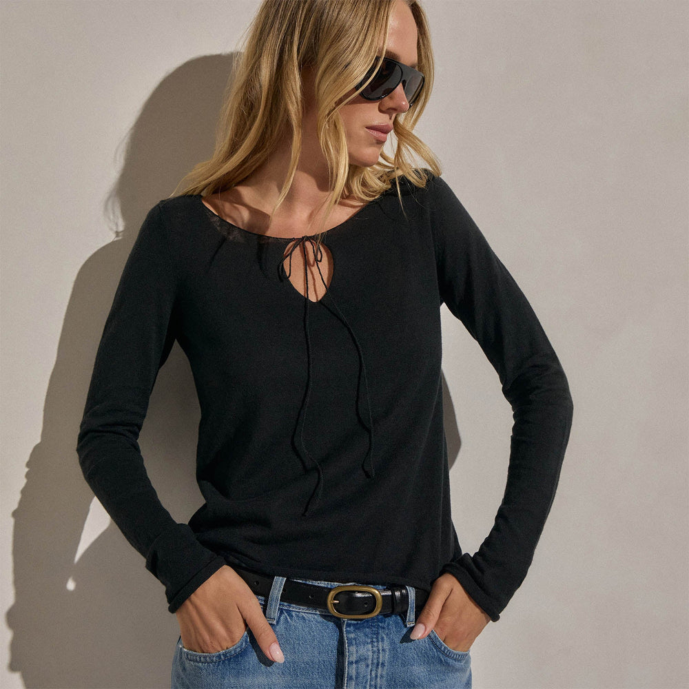 Linen Cotton Keyhole Sweater in Black | James Perse Los Angeles