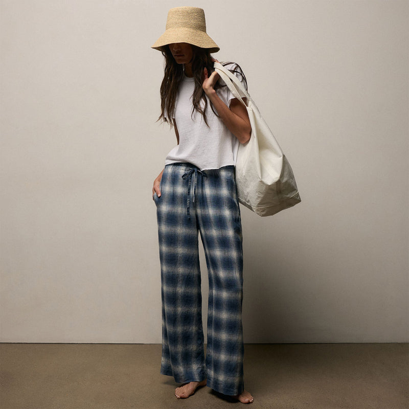 Plaid Linen Pant in Blue Plaid | James Perse Los Angeles
