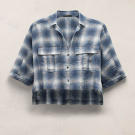 Plaid Linen Crop Shirt in Blue Plaid | James Perse Los Angeles