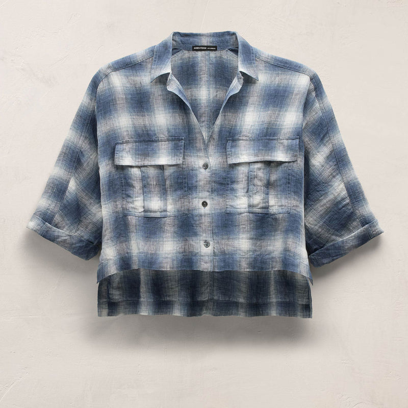 Plaid Linen Crop Shirt in Blue Plaid | James Perse Los Angeles
