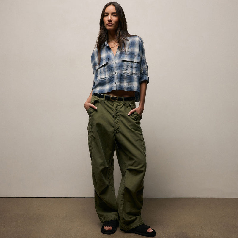 Plaid Linen Cropped Pocket Shirt in Blue Plaid | James Perse Los Angeles