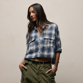 Plaid Linen Cropped Pocket Shirt in Blue Plaid | James Perse Los Angeles