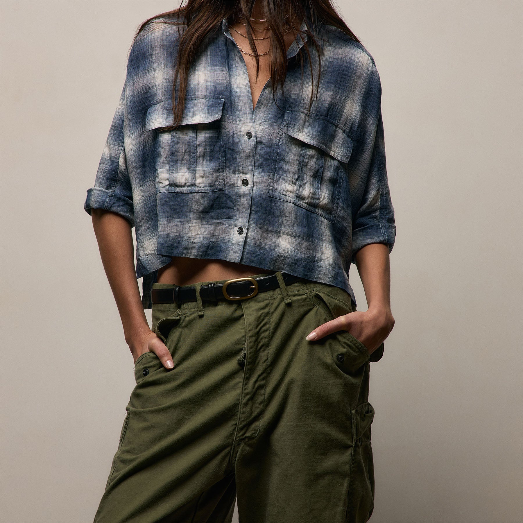 Plaid Linen Cropped Pocket Shirt in Blue Plaid | James Perse Los Angeles