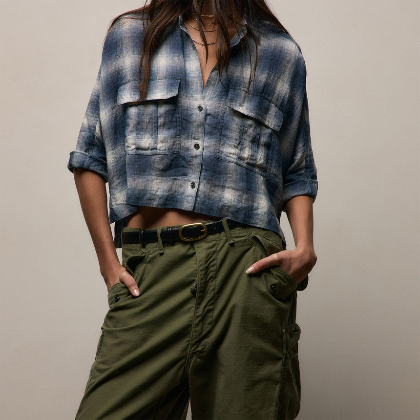 Plaid Linen Cropped Pocket Shirt in Blue Plaid | James Perse Los Angeles