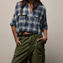 Plaid Linen Cropped Pocket Shirt in Blue Plaid | James Perse Los Angeles