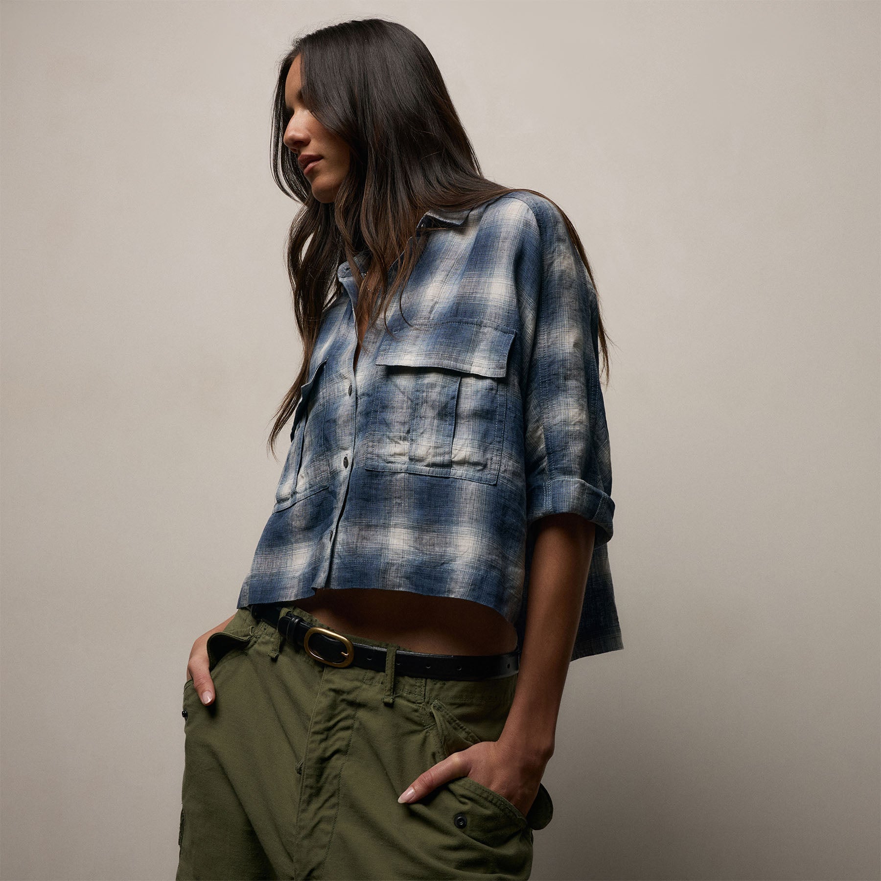 Plaid Linen Cropped Pocket Shirt in Blue Plaid | James Perse Los Angeles
