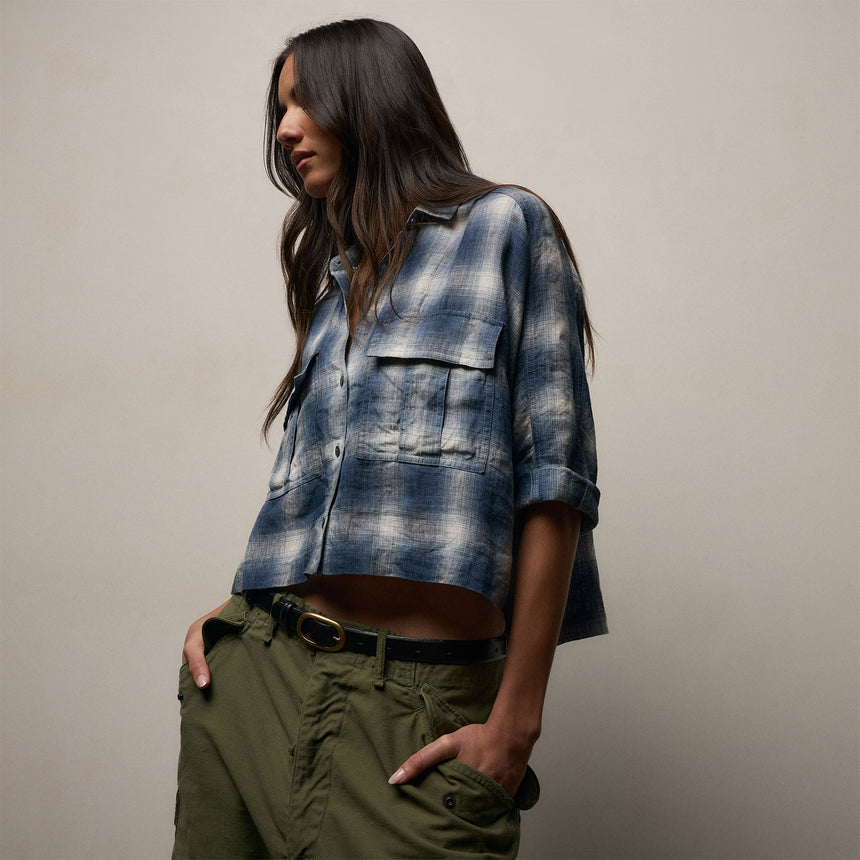 Plaid Linen Cropped Pocket Shirt in Blue Plaid | James Perse Los Angeles
