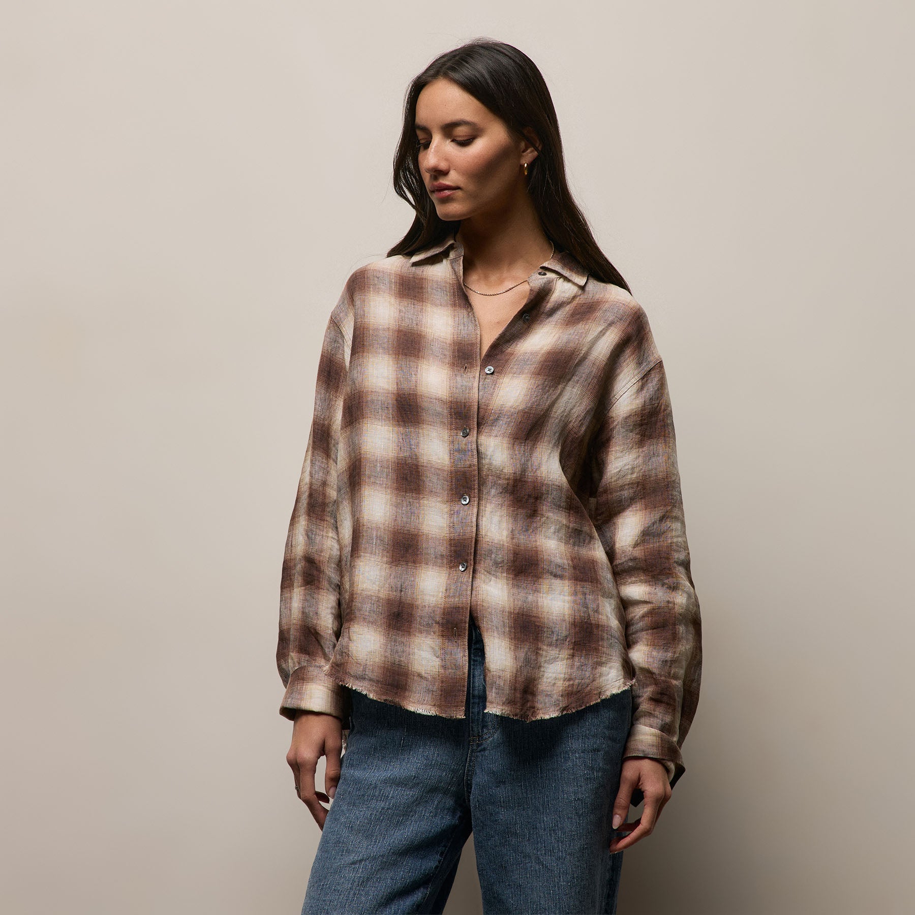 Plaid Linen Oversized Shirt in Chestnut Plaid | James Perse Los Angeles