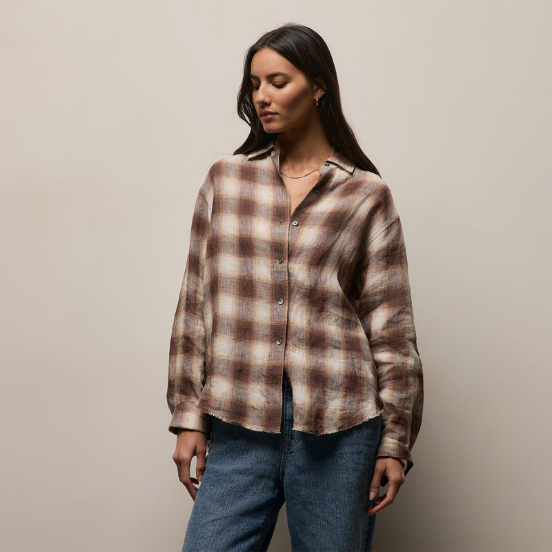 Plaid Linen Oversized Shirt in Chestnut Plaid | James Perse Los Angeles