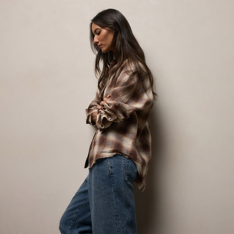 Plaid Linen Oversized Shirt in Chestnut Plaid | James Perse Los Angeles