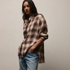 Plaid Linen Oversized Shirt in Chestnut Plaid | James Perse Los Angeles