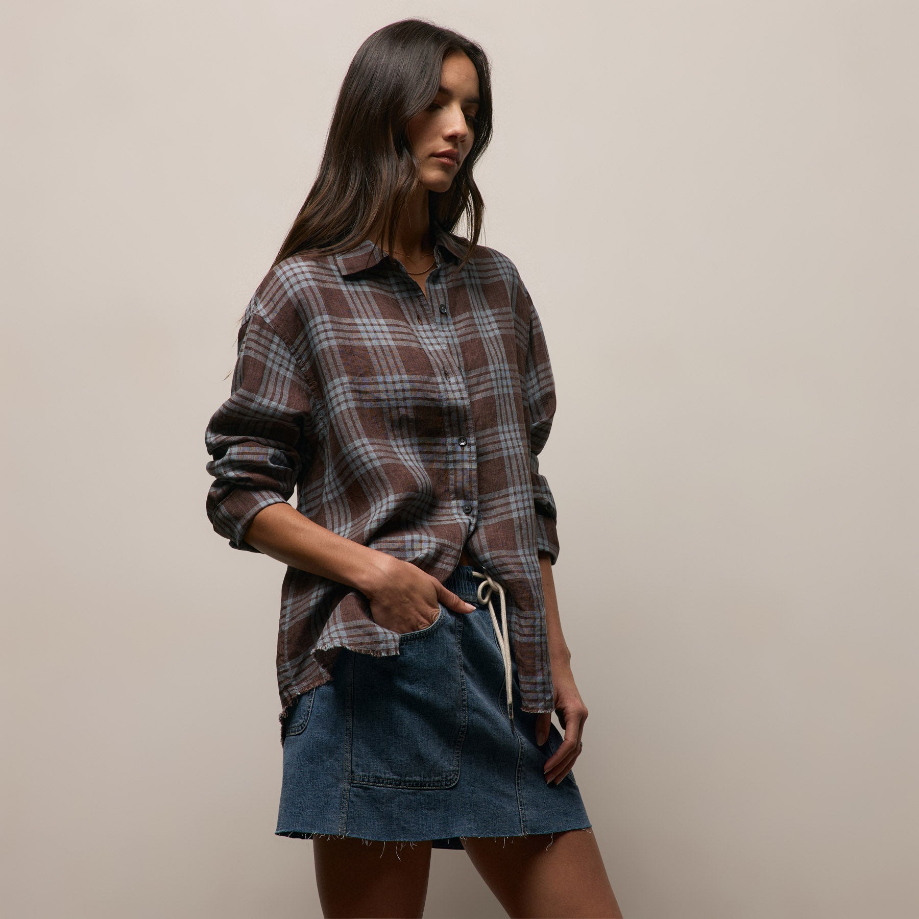 Plaid Linen Oversized Shirt in Plum Plaid | James Perse Los Angeles