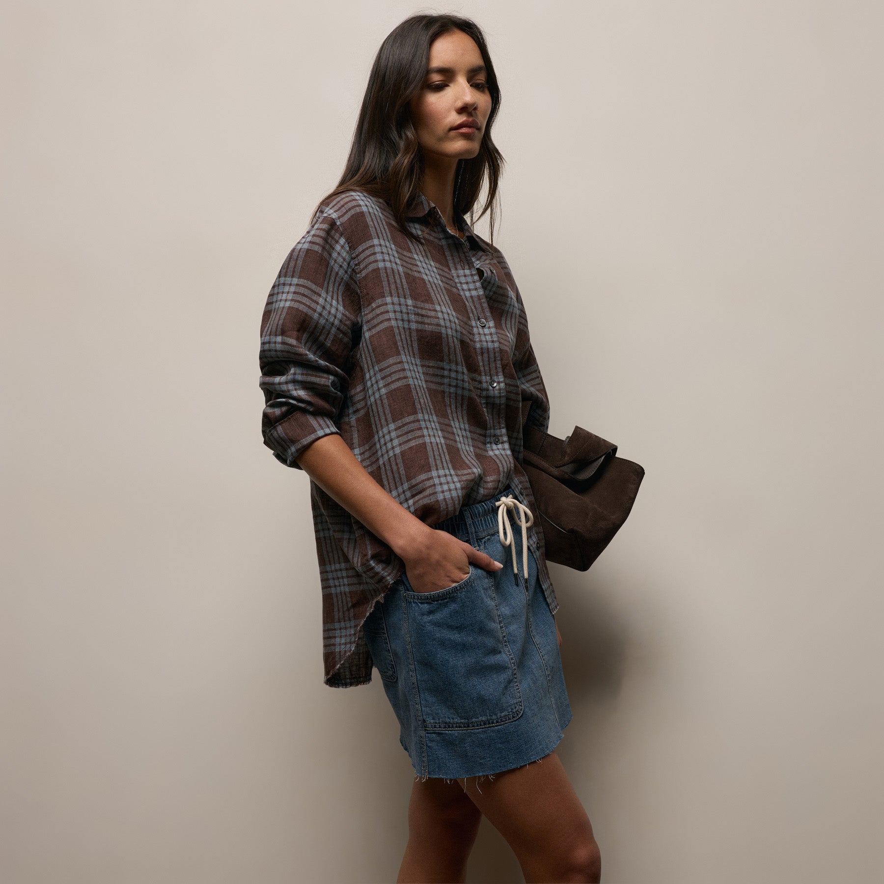 Plaid Linen Oversized Shirt in Plum Plaid | James Perse Los Angeles