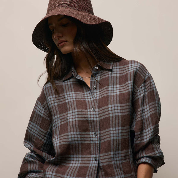Plaid Linen Oversized Shirt in Plum Plaid | James Perse Los Angeles