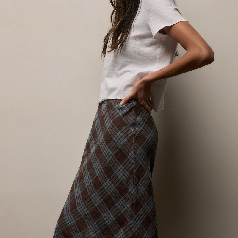 Plaid Linen Skirt in Plum Plaid | James Perse Los Angeles