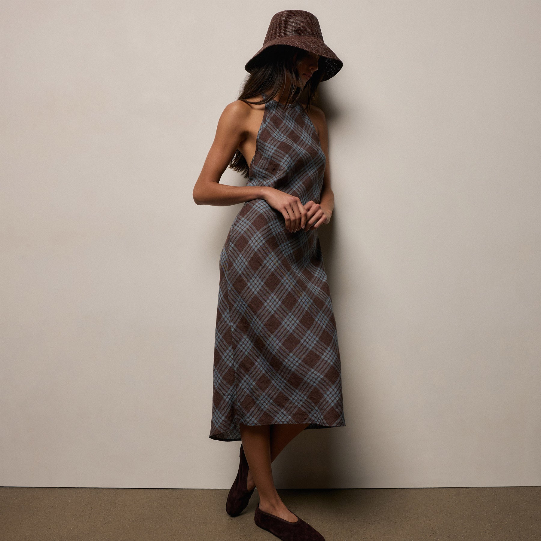 Plaid Linen Halter Dress In Plum Plaid