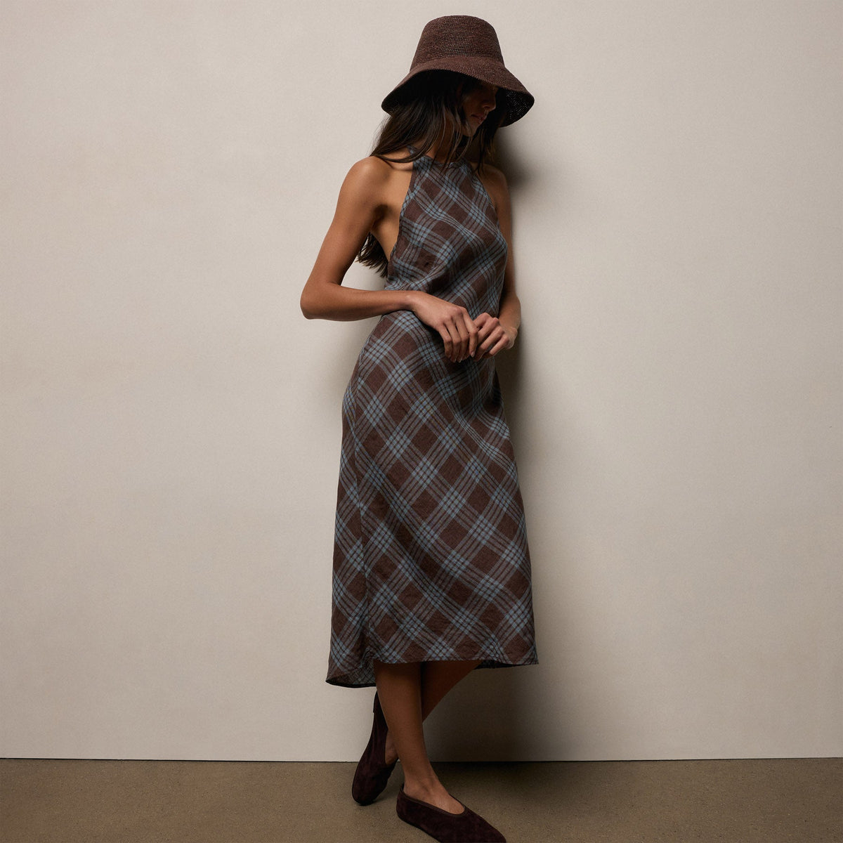 Plaid Linen Halter Dress in Plum Plaid | James Perse Los Angeles