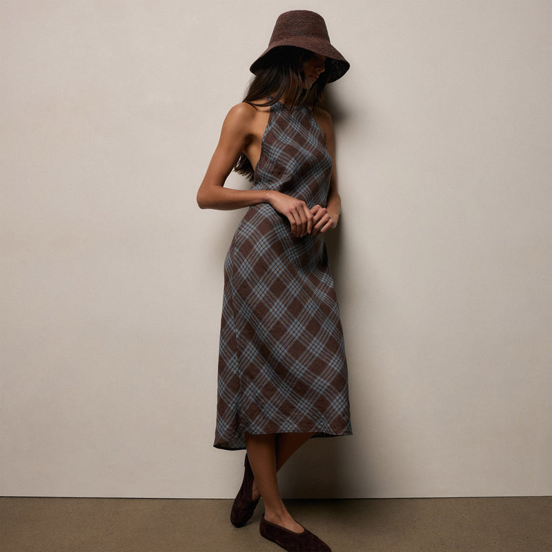 Plaid Linen Halter Dress in Plum Plaid | James Perse Los Angeles
