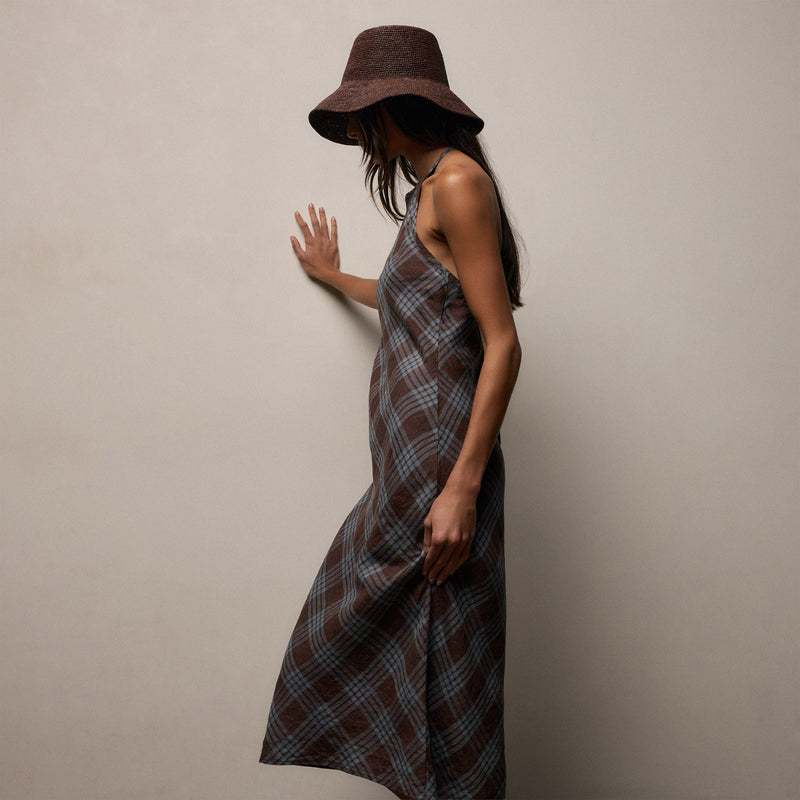 Plaid Linen Halter Dress in Plum Plaid | James Perse Los Angeles