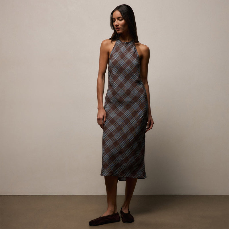 Plaid Linen Halter Dress in Plum Plaid | James Perse Los Angeles