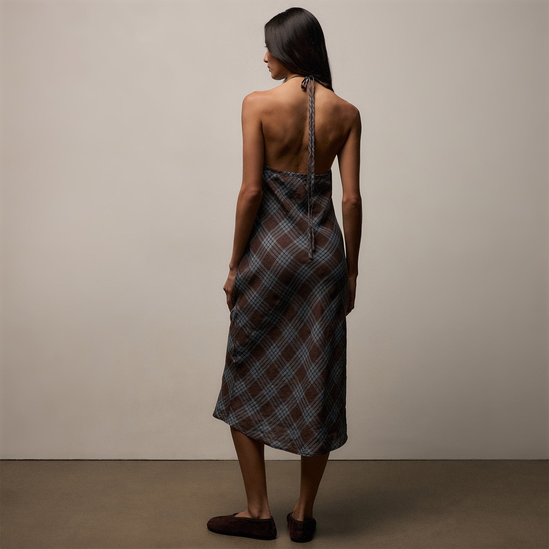 Plaid Linen Halter Dress in Plum Plaid | James Perse Los Angeles