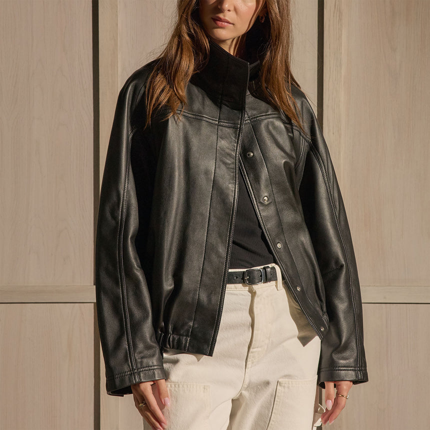 Leather Funnel Neck Jacket - Black | James Perse Los Angeles