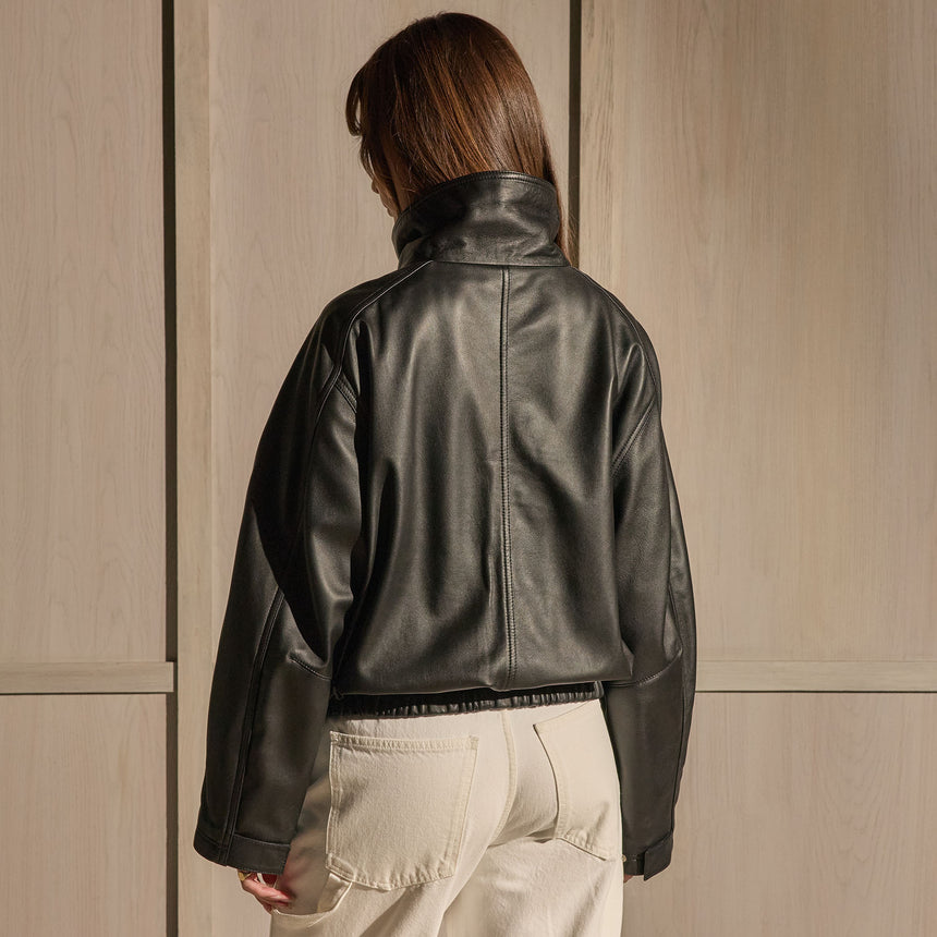 Leather Funnel Neck Jacket - Black | James Perse Los Angeles