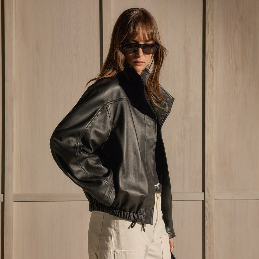 Leather Funnel Neck Jacket - Black | James Perse Los Angeles