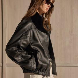 Leather Funnel Neck Jacket - Black | James Perse Los Angeles