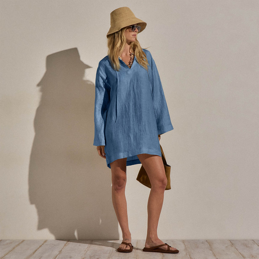 Textured Linen Tie Front Tunic Dress in Blue Hyacinth | James Perse Los Angeles