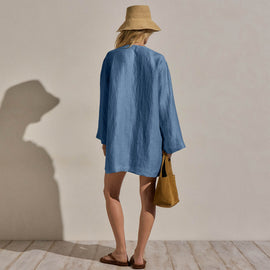 Textured Linen Tie Front Tunic Dress in Blue Hyacinth | James Perse Los Angeles